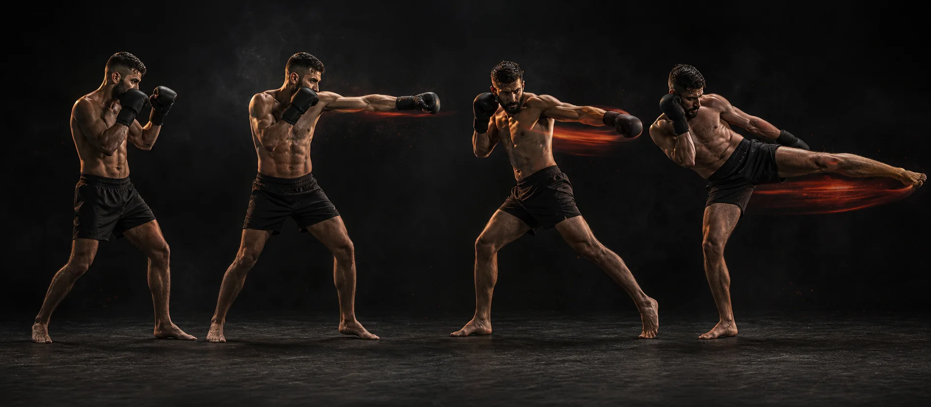 Aynı sporcunun gard, jab, cross ve low kick hareketlerinden oluşan teknik sekansı